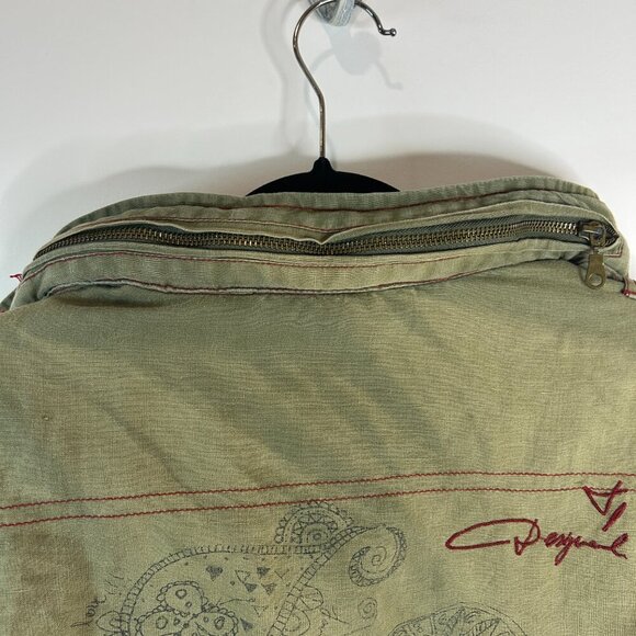 Desigual Embroidered Distressed Green Hooded Jacket Sz M Eclectic Edgy Artsy - Picture 6 of 16